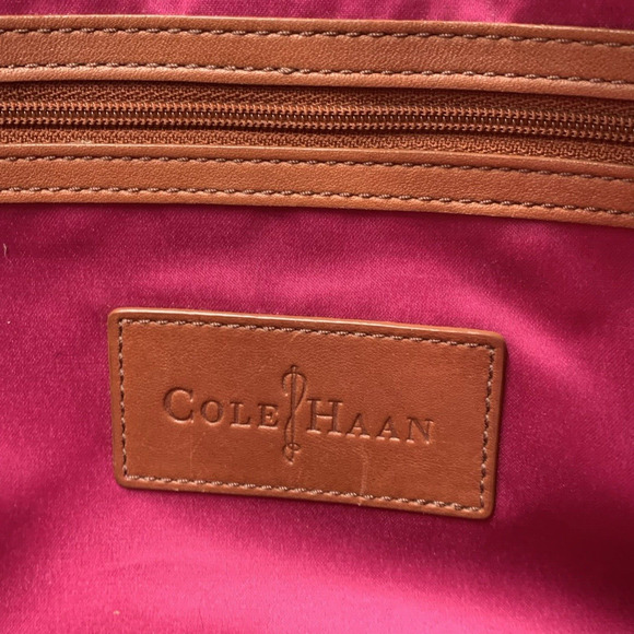 Cole Haan Blue Brown Leather Flap Brooke Tote Crossbody Canvas Spectator - Picture 15 of 16